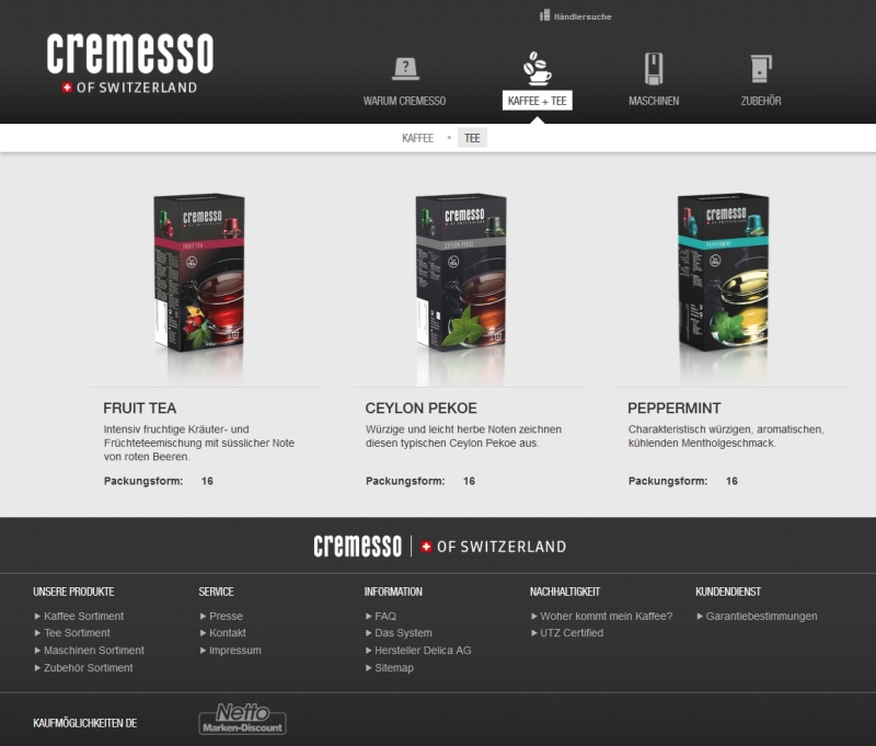 Das Tee-Sortiment für die Cremesso Compact One | Bild: Screenshot von der Website cremesso.de